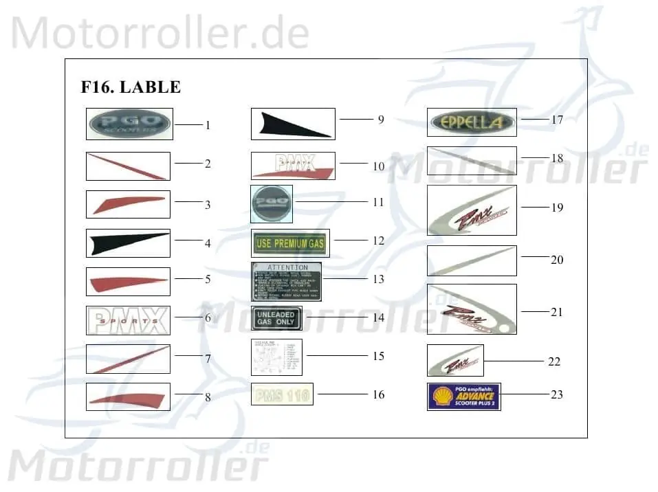 Meistverkauft PGO Aufkleber Kotflügel links PMX 110 Sticker Dekor Roller P2601320000 Dekor-Aufkleber Klebeetikett PMX 50 Mokick Ersatzteil Service