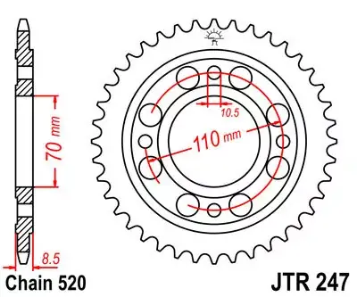 Neu Im Sortiment Kettenrad 36Z 520 SI Innen Ø 070 Lochkreis 110