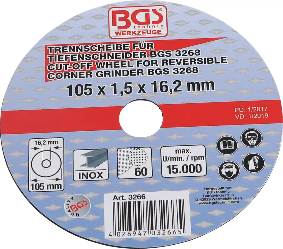 Preis Gesenkt Trennscheibe passend für BGS Tiefenschneider Ø 105 x 1,5 x 16,2 mm