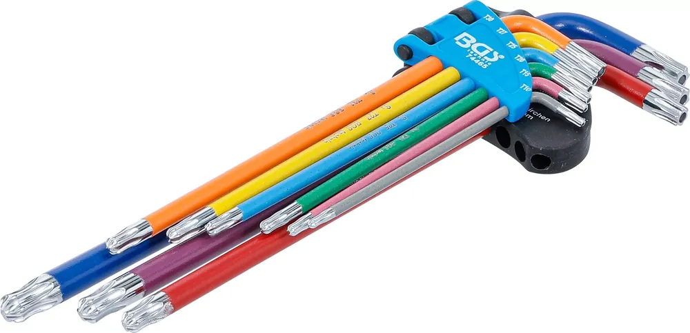 Sale Winkelschlüssel-Satz Multicolour extra lang T-Profil (für Torx) mit Bohrung und Kugelkopf T10–T50 9-tlg.