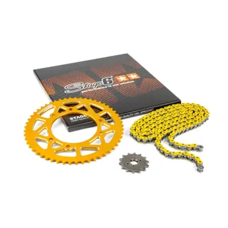 Saisonangebot Kettensatz 14x53 - 420 Stage6 Alu CNC gelb Derbi DRD Pro